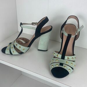 Gold Spiked Caged Faux Suede T-Strap Heels 7